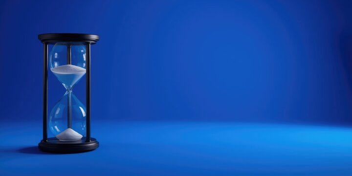 Studio lit blue background with single hourglass and copy space