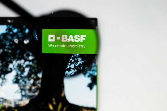 Milan, Italy 2026, 20 Apr Closeup of BASF website on a laptop screen. BASF logo under a magnifying glass.
