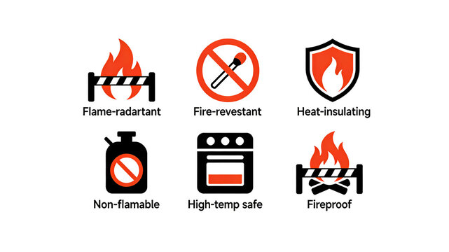 Flame, match, and oven icons, flame retardant, fire-resistant, heat-insulating, high-temperature resistant, non flammable, building materials, electrical appliances, and fire-fighting equipment.
