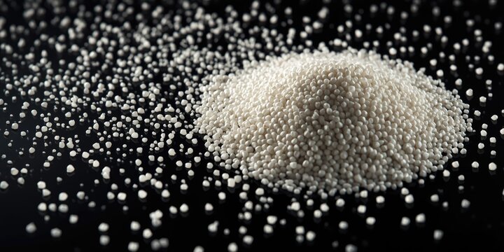 Polyamide and rubber white granules contrasted with black backdrop