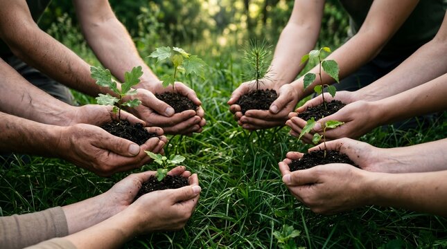 Diverse hands collectively nurture young plant seedlings, embodying a unified commitment to environmental stewardship, fostering growth, and building a sustainable future for the planet