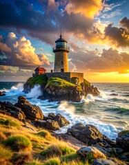Obraz premium A serene lighthouse on a rocky coastline at sunset