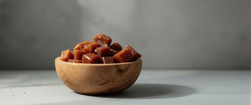 Organic kithul jaggery and treacle sweeteners arranged in bowl with minimal gray background and room for text