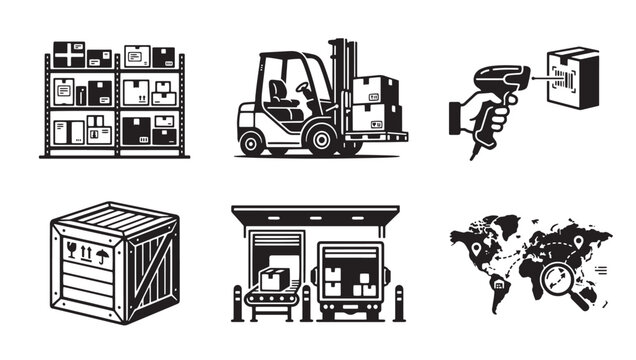 Logistics and shipping warehouse icons collection with logistics shipping warehouse delivery forklift transport distribution industry tracking container business commerce management