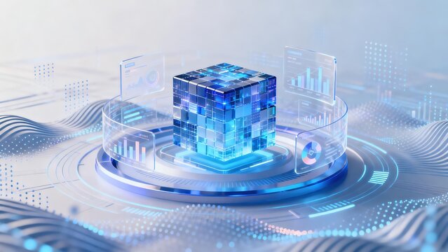 Futuristic digital cube with data displays
