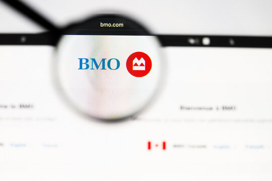Milan, Italy 2026, 20 Apr Closeup of BMO website on a laptop screen. BMO logo under a magnifying glass.