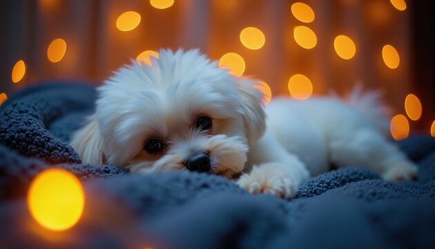 Fluffy white Bichon Frise dog rests comfortably on soft dark blanket. Soft yellow bokeh lights create magical nighttime atmosphere. Cute pet relaxing at home, feeling safe and cozy.