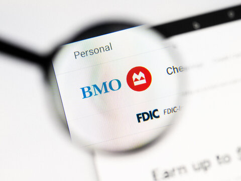 Milan, Italy 2026, 20 Apr Closeup of BMO website on a laptop screen. BMO logo under a magnifying glass.