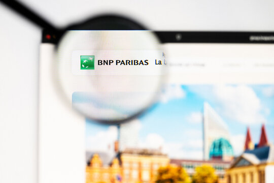 Milan, Italy 2026, 20 Apr Closeup of BNP Paribas website on a laptop screen. BNP Paribas logo under a magnifying glass.