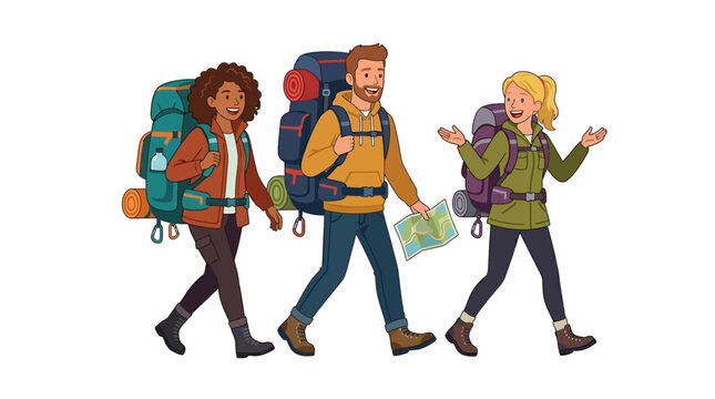 Diverse hikers with backpacks exploring nature, map in hand