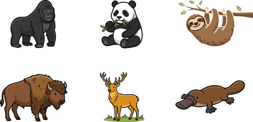 Fototapeta premium Global Wild Animal Vector Set Featuring Cute Outline Illustrations of Gorilla, Panda Bear, Sloth, Bison, Deer, and Platypus Characters