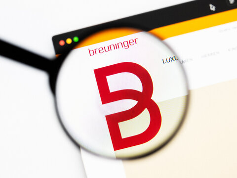 Milan, Italy 2026, 20 Apr Closeup of Breuninger website on a laptop screen. Breuninger logo under a magnifying glass.