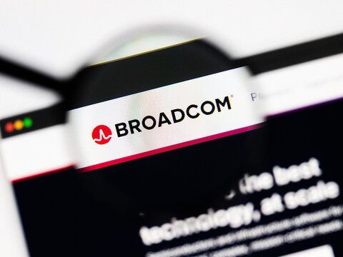 Milan, Italy 2026, 20 Apr Closeup of Broadcom website on a laptop screen. Broadcom logo under a magnifying glass.