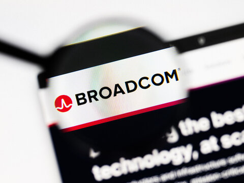 Milan, Italy 2026, 20 Apr Closeup of Broadcom website on a laptop screen. Broadcom logo under a magnifying glass.