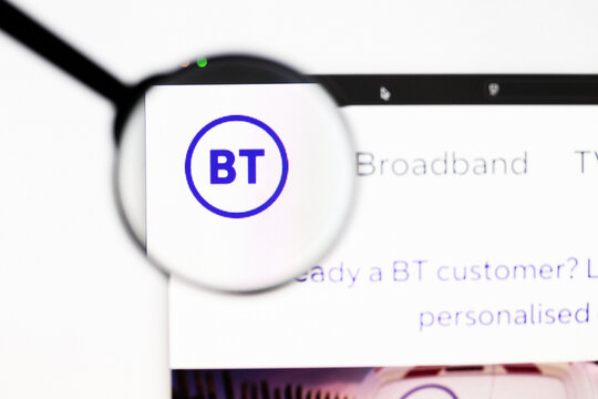 Milan, Italy 2026, 20 Apr Closeup of BT Group website on a laptop screen. BT Group logo under a magnifying glass.
