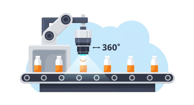 Automated production line featuring a robotic arm with a 360-degree machine vision camera inspecting liquid-filled vials on a conveyor belt for quality assurance and control.