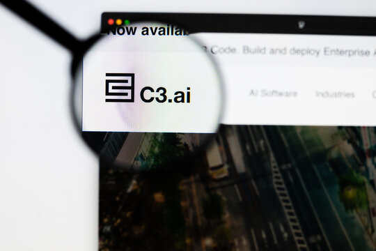 Milan, Italy 2026, 20 Apr Closeup of C3 AI website on a laptop screen. C3 AI logo under a magnifying glass.