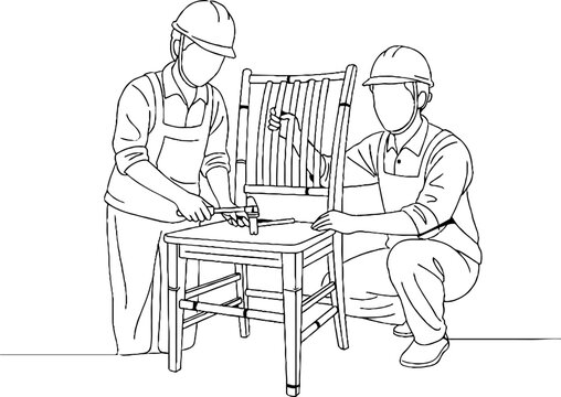 Two workers carefully repairing a wooden chair together.