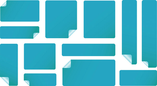 Teal blue sticker set with folded corner effect on white background. Collection of various rectangular label shapes in cyan color. Flat vector badge template for web and print design.

