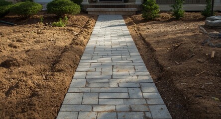 Fototapeta premium Home renovation project showing a paver stone pathway installation in progress