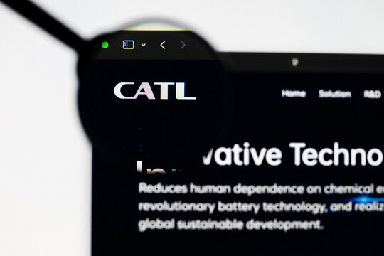 Milan, Italy 2026, 20 Apr Closeup of CATL Contemporary Amperex Technology website on a laptop screen. CATL Contemporary Amperex Technology logo under a magnifying glass.