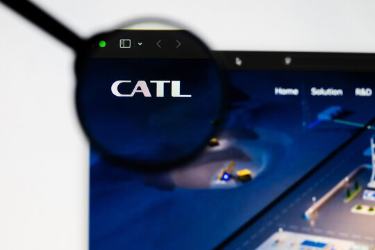 Milan, Italy 2026, 20 Apr Closeup of CATL Contemporary Amperex Technology website on a laptop screen. CATL Contemporary Amperex Technology logo under a magnifying glass.
