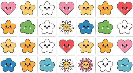 Obraz premium Cute cartoon smiling star and heart characters in grid pattern on white background