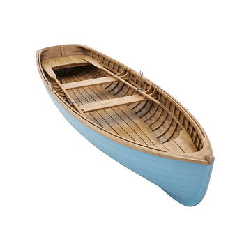 Wooden rowboat with light blue hull isolated on transparent background