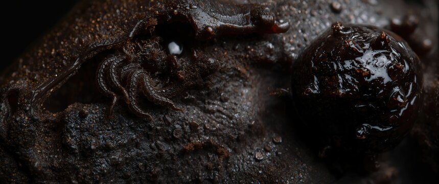 detailed view of a catocala larvae crawling on a dark bat skull surface