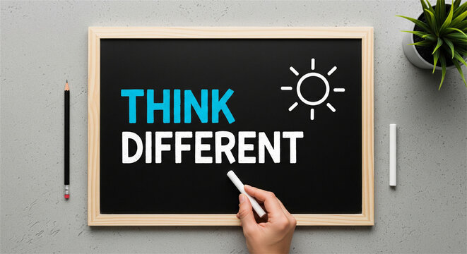Think different concept. Innovation and creativity message. Chalkboard with text and sun icon.