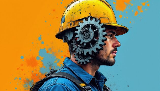 Man with yellow hard hat and gears in head. Blue shirt and straps. Thinking, mechanics, industry, innovation. Construction, engineer, worker. Smart mind, thinking process, mechanical brain.