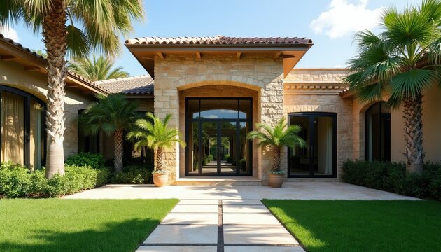 Modern luxury house exterior with stone facade and glass entrance. Tropical palm trees frame the manicured lawn and walkway leading to the home. Ideal for real estate ads.