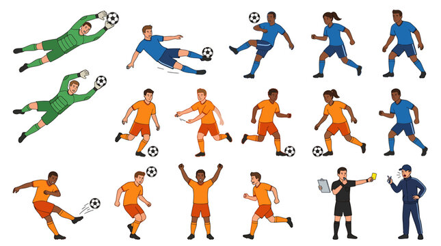 Soccer players in various poses controlling and kicking football during a match