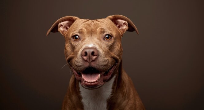 Studio portrait of a lively brown pitbull with bright eyes