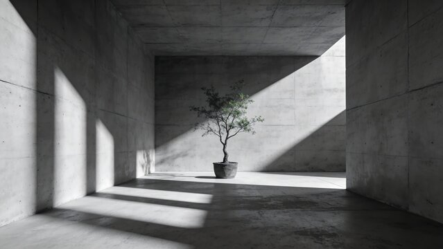 Generative AI portrays a minimalistic concrete space with a solitary potted tree