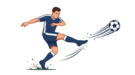 Obraz premium Soccer player taking a penalty kick on green field with ball moving fast