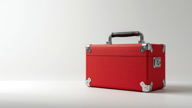 Red toolbox showcased independently against a flat white background with copy space