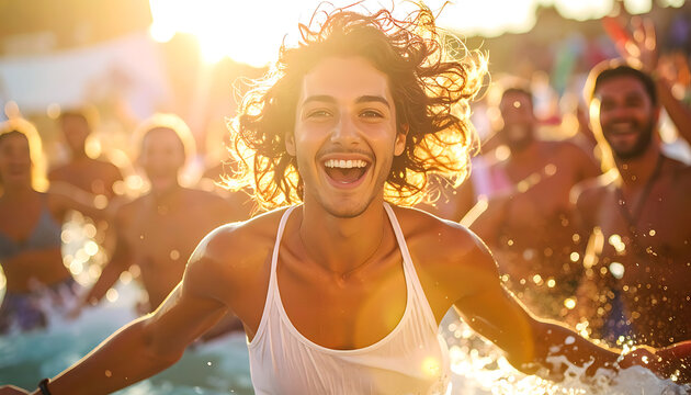 Joyful man running through water splashes at a summer festival, golden hour sunlight, backlighting, happiness and freedom
