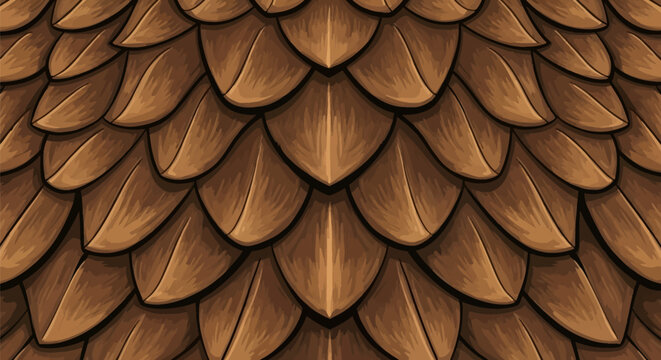 Detailed seamless pattern of brown overlapping scales with rough textured wood grain finish, representing mythical dragon skin, reptile armor, or layered animal feathers.