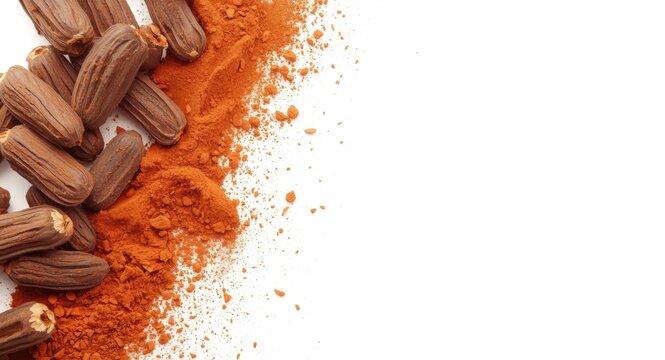 Natural wellness concept featuring carob powder and pods on a bright white backdrop