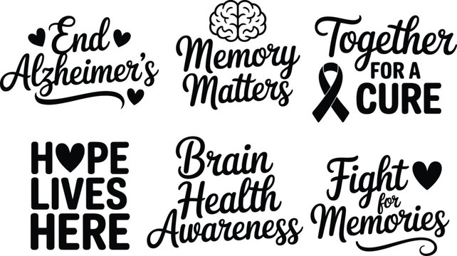 Alzheimer's awareness quotes bundle with brain icons and support ribbons for memory health including end alzheimers together for a cure hope lives here fight for memories.