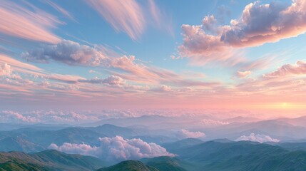 Obraz premium Serene Sunrise Over Mountains: A breathtaking vista of rolling mountains veiled in mist, kissed by the soft hues of dawn. Wispy clouds paint the sky in shades of pink and blue, promising a new day.