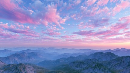 Obraz premium A Serene Panorama: Misty mountains fade into the horizon under a breathtaking sky painted with hues of pink and blue, evoking a sense of profound peace and natural wonder.