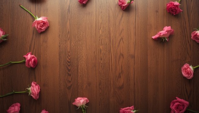 Pink rose heads scattered on a warm toned wooden floor texture including blank space