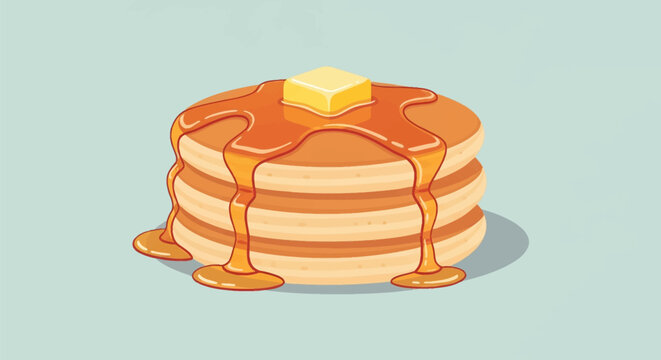 Vector illustration of a stack of three golden brown pancakes topped with a square pat of melting butter and maple syrup dripping down the sides on a light blue background.