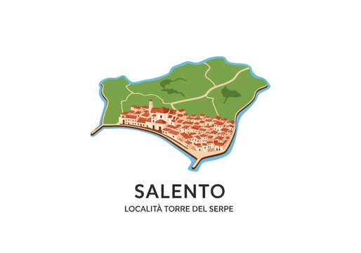Isometric vector illustration of the Salento region map highlighting the coastal town and Localit&agrave; Torre del Serpe in Puglia, Italy, with traditional red-roofed buildings and greenery.