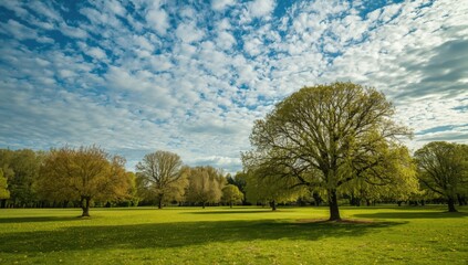 Obraz premium Nature springtime view with trimmed grassy area and full grown trees under textured blue sky