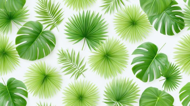 Tropical Leaf Pattern: A vibrant and refreshing pattern of various green tropical leaves, showcasing different shapes and textures, creating a lush and naturalistic backdrop.