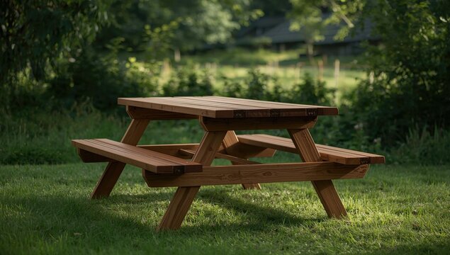 Outdoor hardwood picnic table with varnished surface and paired benches for leisure events