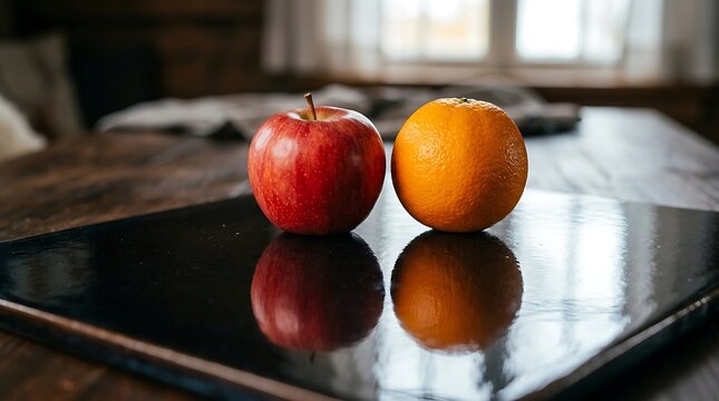 Red Apple and Orange on Reflective Surface in Rustic Interior